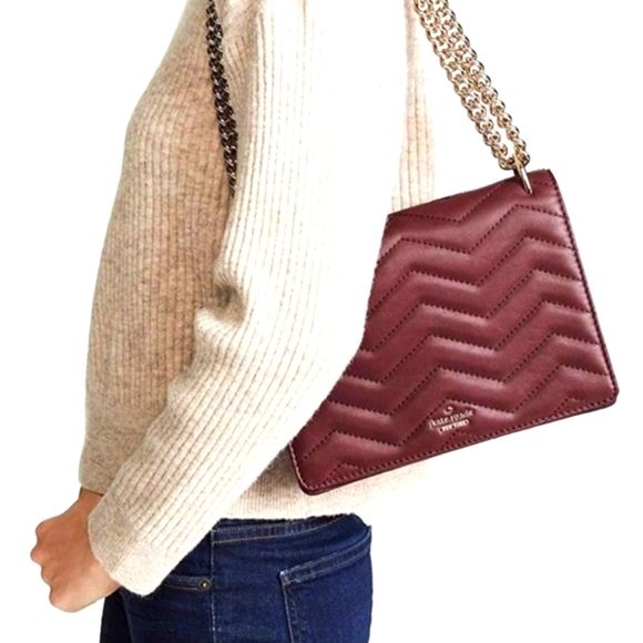 New Kate Spade Reese Park Marci Cherry Leather Quilted Chevron Flap Chain Purse - Picture 1 of 8